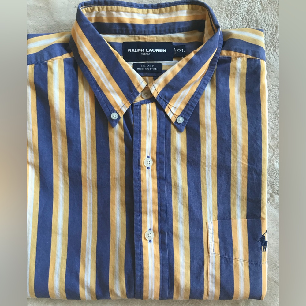 Ralph Lauren Golf Blue Yellow and White Awning Striped Button-Down Shirt